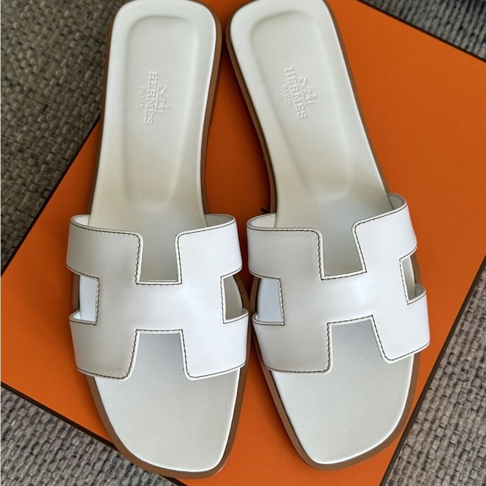 Hermes Oran Leather Sandal White